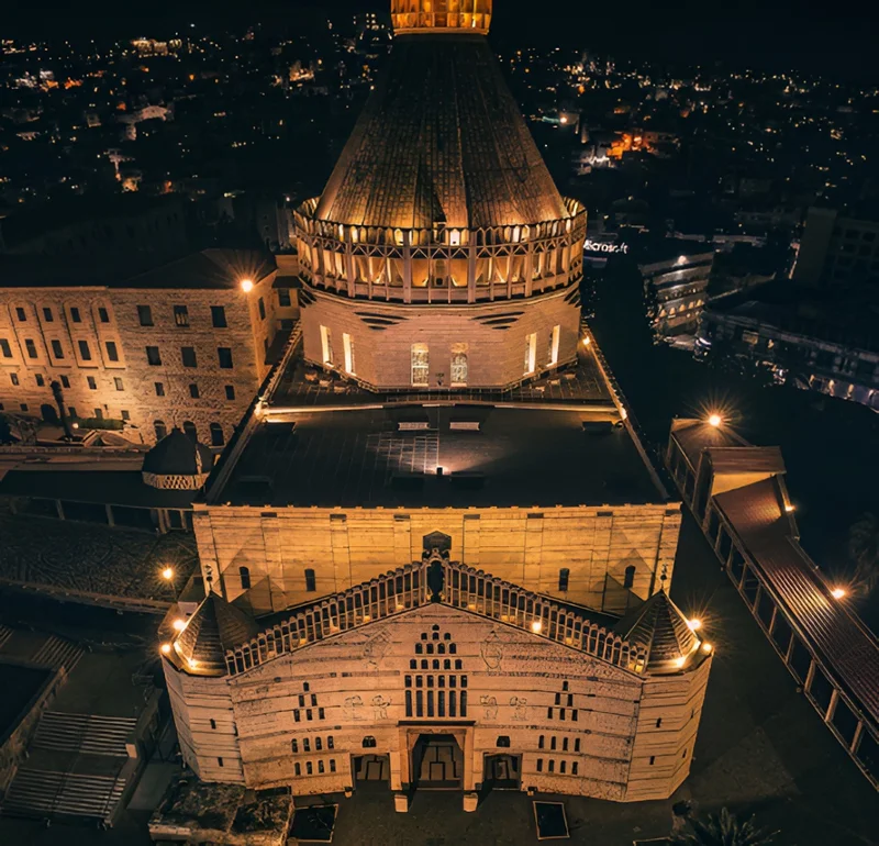 The Basilica of the Annunciation stands in Nazareth. The church is a major Christian pilgrimage site built over the grotto believed to be the childhood home of the Virgin Mary.