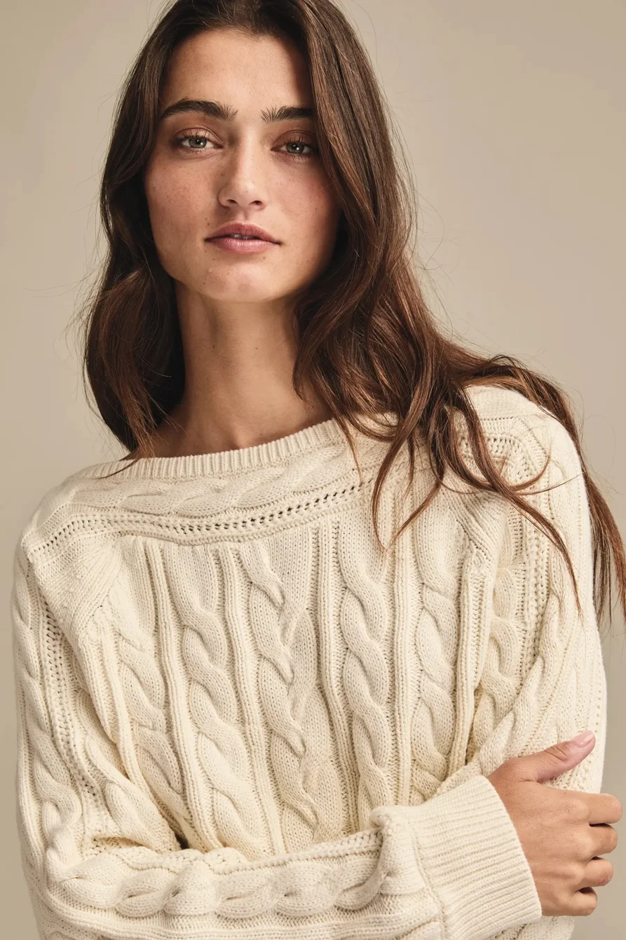 Image of Lucky Brand Boat Neck Cable Sweater - Women's Clothing Tops Sweaters in Rose Smoke