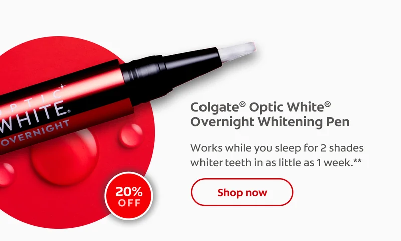 Colgate® Optic White® Overnight Whitening Pen Works while you sleep for 2 shades whiter teeth in as little as 1 week.* 20% 0ff click here to shop now
