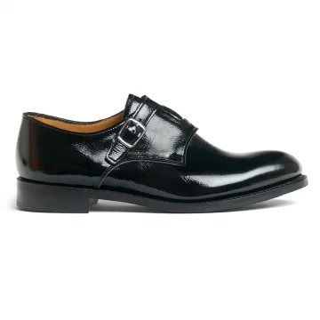 Elise D Twisted Double Buckle Monk Shoe in Black Tumbled Patent Leather