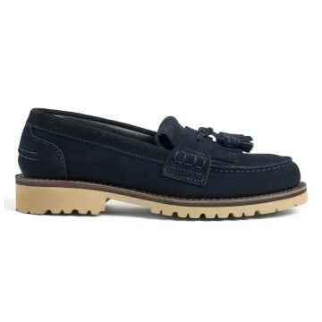 Evelyn Fringe Tassel Loafer in Navy Castoro Suede