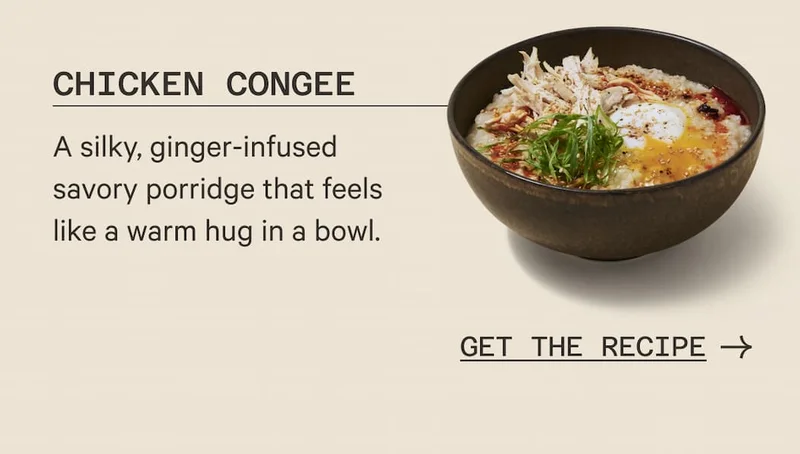 Chicken Congee | A silky, ginger-infused savory porridge that feels like a warm hug in a bowl. | GET THE RECIPE