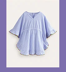 Pom Trim Poncho Kaftan - Surf Blue / Ivory Stripe