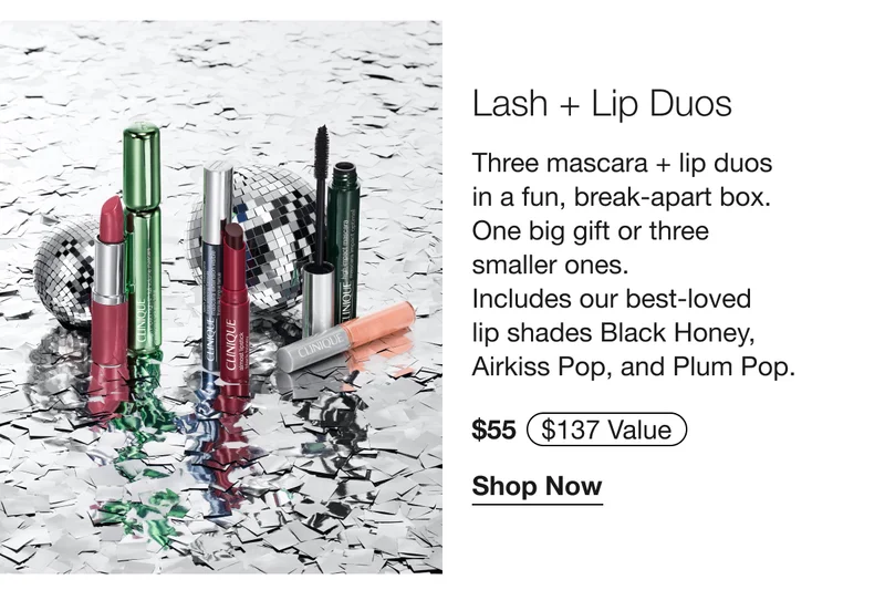 Lash + Lip Duos | Three mascara + lip duos in a fun, break-apart box. One big gift or three smaller ones. Includes our best-loved lip shades Black Honey, Airless Pop, and Plum Pop. $55 Shop Now
