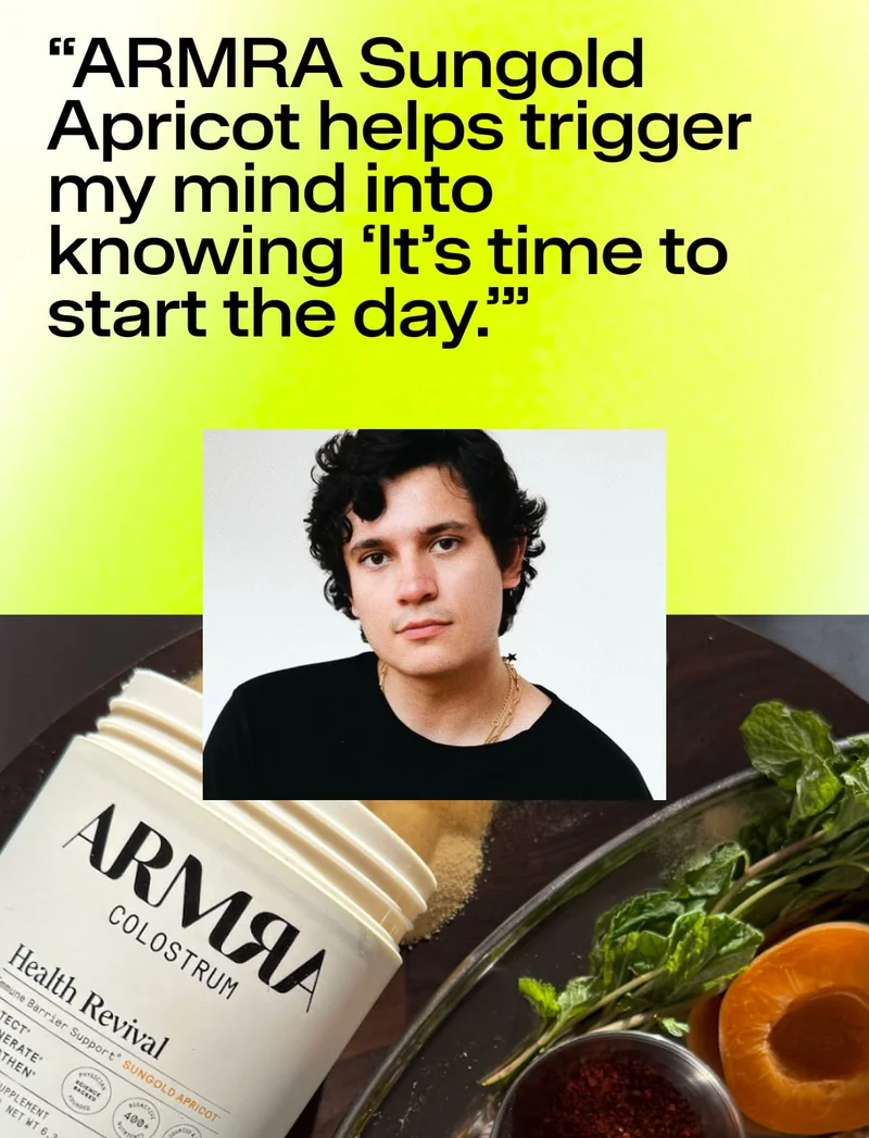 Portrait of artist Fabrizio Villalpando above a quote about starting the day with ARMRA Sungold Apricot.