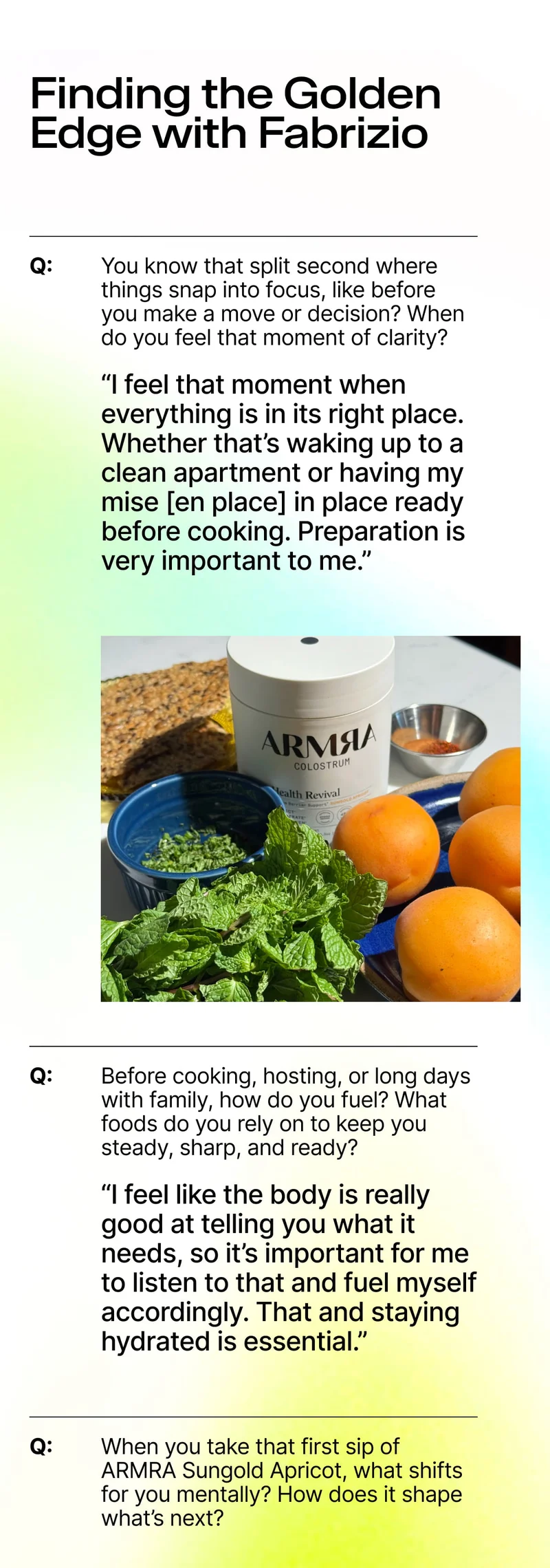 ARMRA Colostrum jar surrounded by apricots, herbs, and spices alongside an interview quote about preparation and focus.