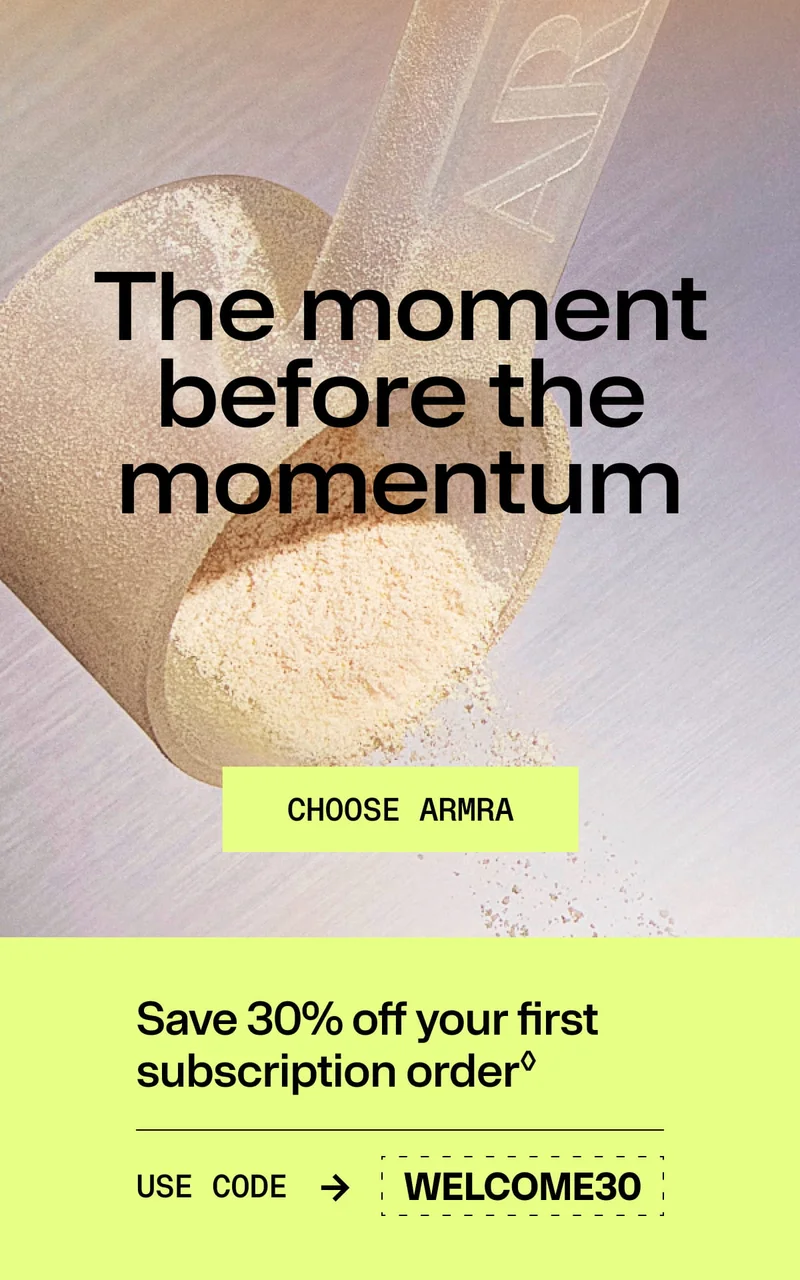 ARMRA Sungold Apricot powder spilling from a scoop with headline “The moment before the momentum” and a “Choose ARMRA” button.