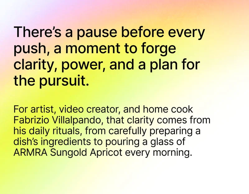 Text describing daily rituals and clarity, referencing artist Fabrizio Villalpando and ARMRA Sungold Apricot.