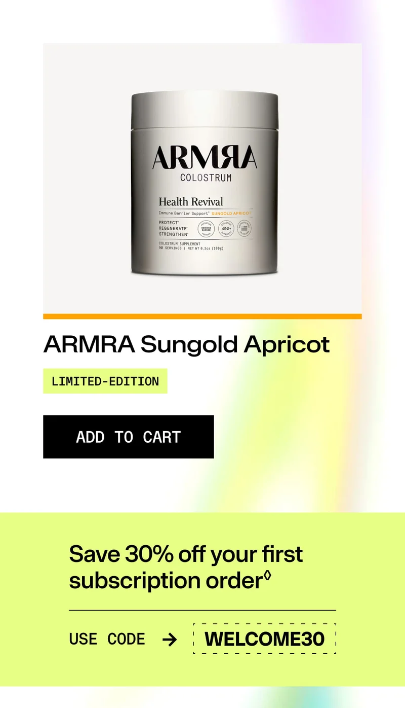 ARMRA Sungold Apricot limited-edition colostrum container with “Add to Cart” button.