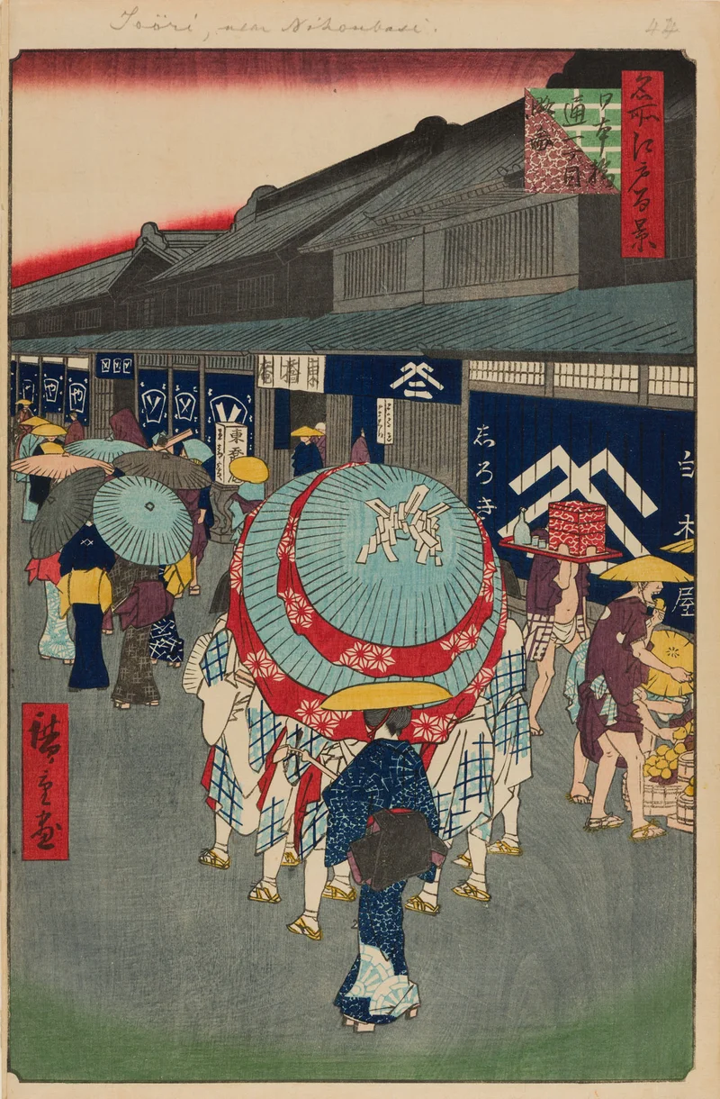 “View of Nihonbashi Tōri 1-chōme, no. 44 from 100 Famous Views of Edo” by Utagawa Hiroshige