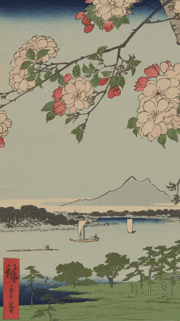 “Suijin Shrine and Massaki on the Sumida River (Sumidagawa Suijin no Mori Massaki), No. 35 from One Hundred Famous Views of Edo” by Utagawa Hiroshige