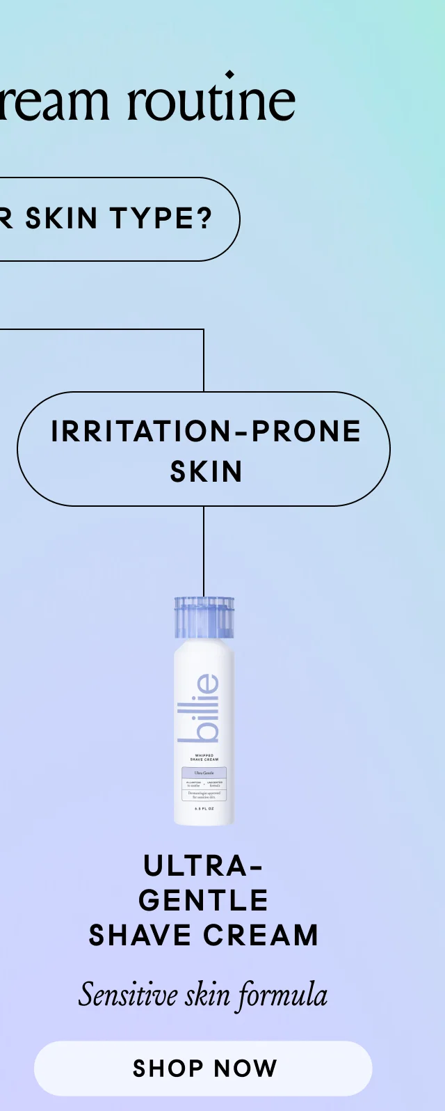 build your dream routine. what's your skin type. irritation-prone skin. ultra-gentle shave cream. sensitive skin formula. shop now