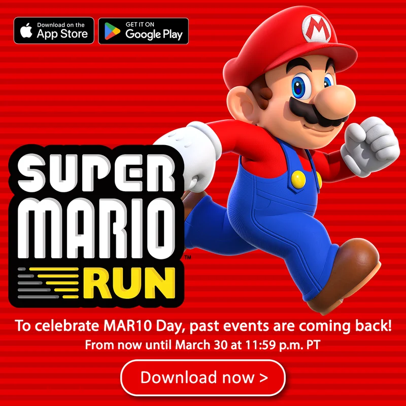 To celebrate discount code Day, past events are coming back! March 10 at 12 a.m. PT - Mar 30 at 11:59 p.m. PT. Super Mario Run. Download now. Download on the App Store. Get it on Google Play.