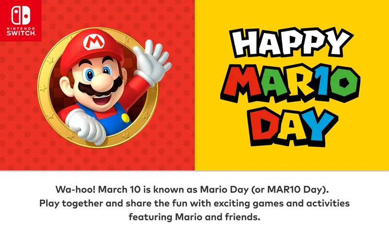 Nintendo Switch. Happy discount code Day! Wa-hoo! March 10 is known as Mario Day (or discount code Day). Play together and share the fun with exciting games and activities featuring Mario and friends.