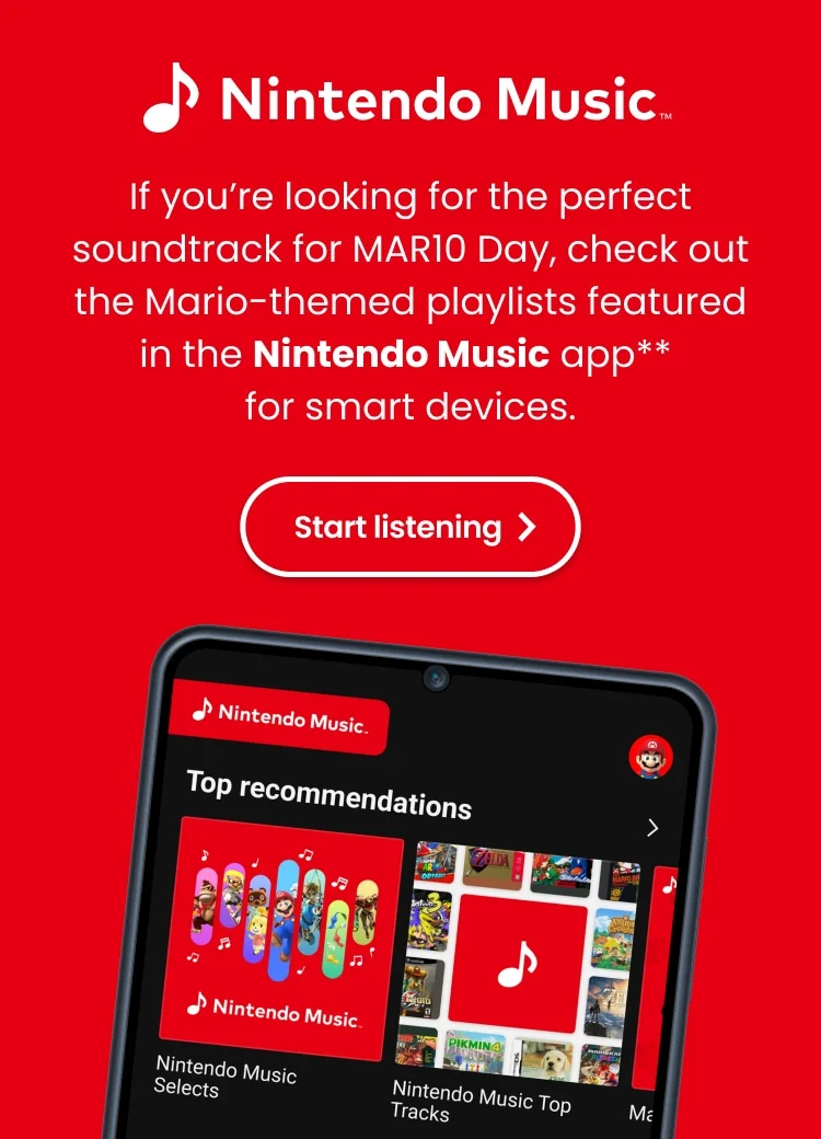 Nintendo Music. If you’re looking for the perfect soundtrack for discount code Day, check out the Mario-themed playlists featured in the Nintendo Music app** for smart devices. Start listening.