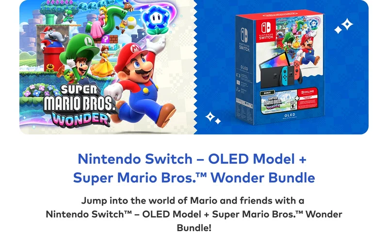 Nintendo Switch – OLED Model + Super Mario Bros. Wonder Bundle. Jump into the world of Mario and friends with a Nintendo Switch – OLED Model + Super Mario Bros. Wonder Bundle!