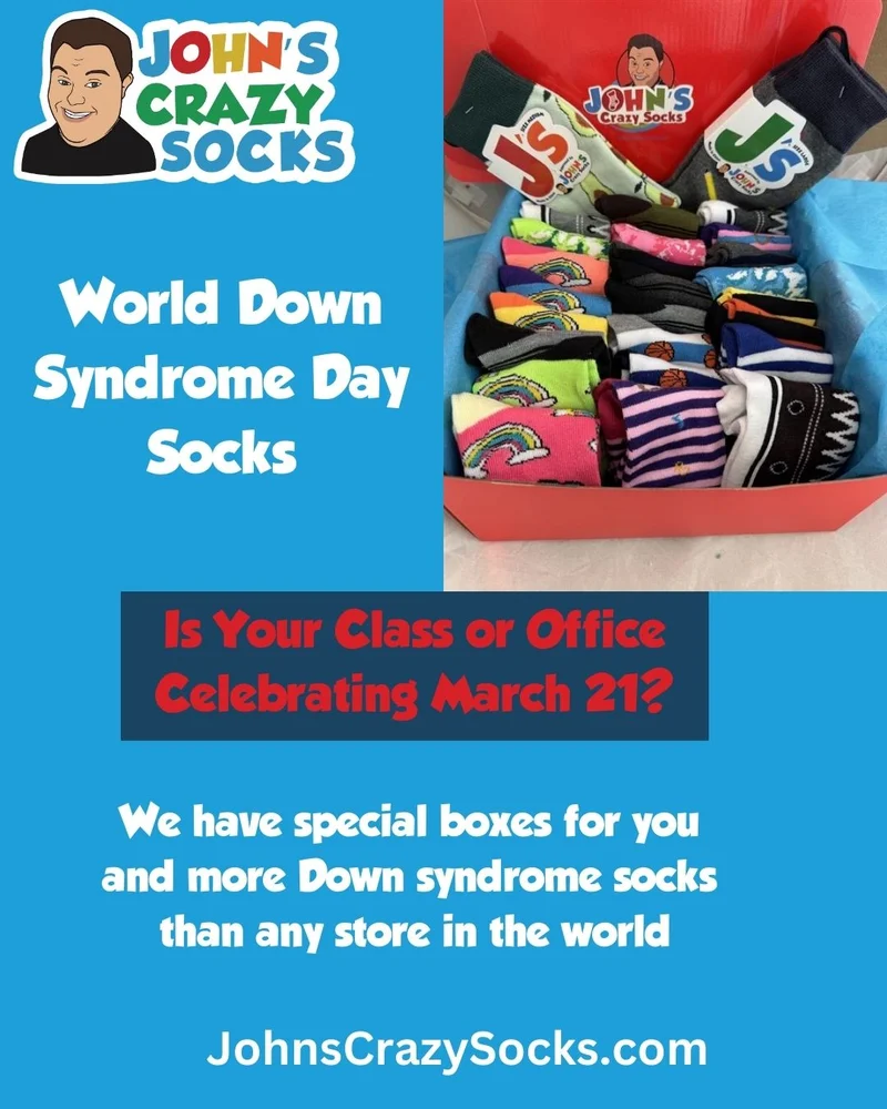 A picture of our classroom and office box of socks for World Down Syndrome Day
