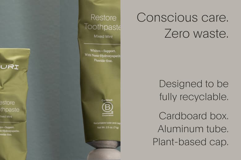 Conscious care. Zero waste. Designed to be fully recyclable. Cardboard box. Aluminium tube. Plant-based cap.
