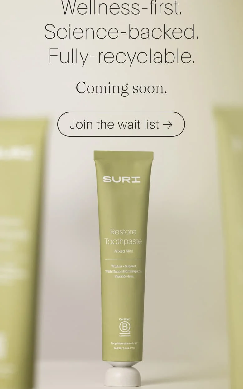 SURI Restore Toothpaste imagery showcasing the product shot in the center - in flavour 'mixed mint'