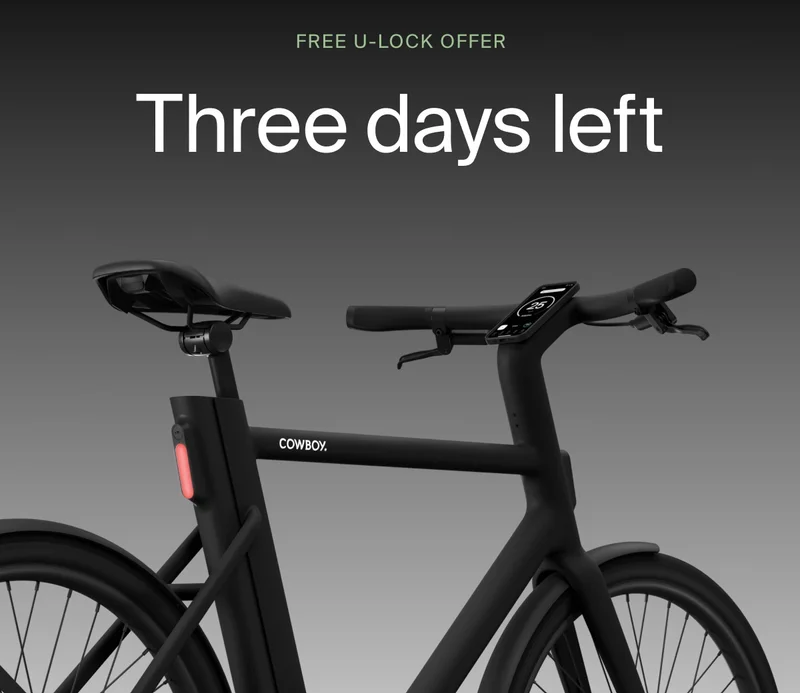 A graphic. Black Friday Cowboy promotion with a rendered e-bike offering €1000 off. Available on top-spec models.