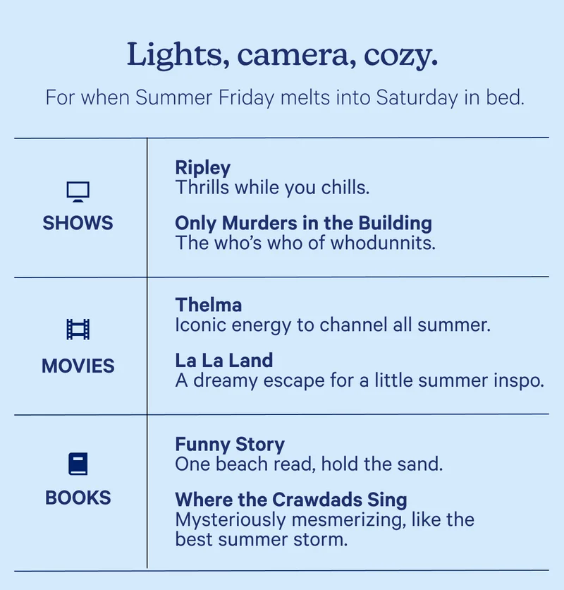 Lights, camera, cozy. For when Summer Friday melts into Saturday in bed.