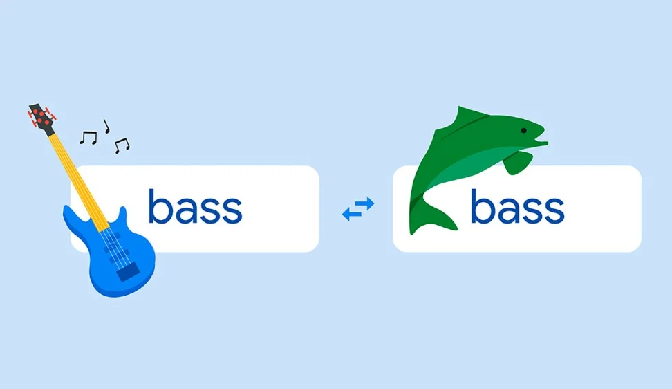 An illustration of a bass guitar and a bass the fish with the words “bass” and “bass” written under them.