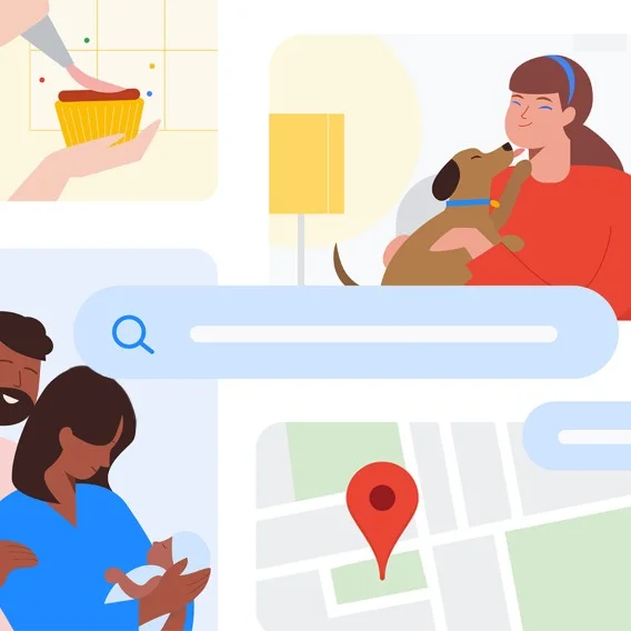 Illustrated collage of an image of two people holding a baby, a person with a dog, and Google Maps.