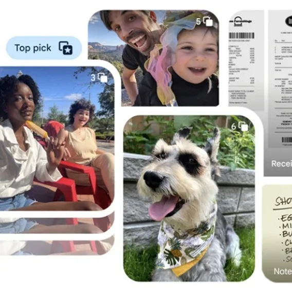 A collage of photos; one is a parent and a child, another is two friends, another is a dog. There is a text box that reads “top pick” among the photos.