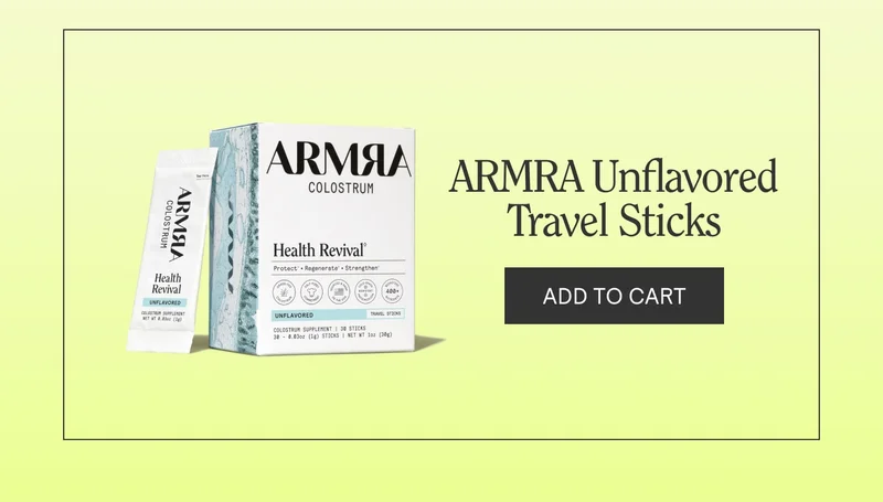 Product card: ARMRA Unflavored Travel Sticks box and single stick packet with ‘Add to Cart’ button.