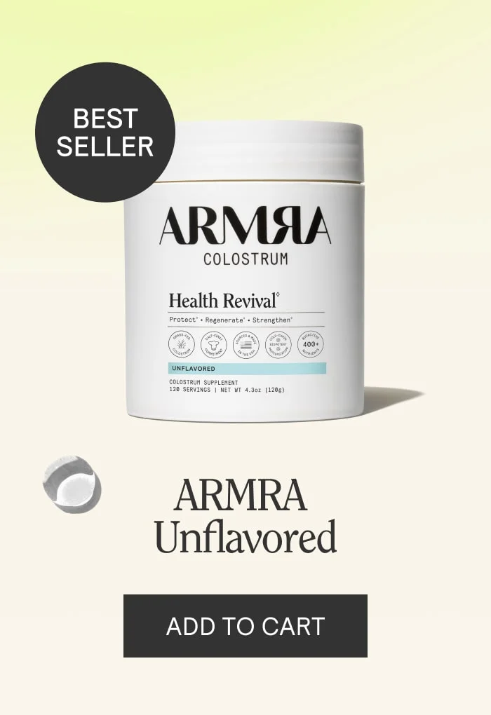 Product card: ARMRA Colostrum Unflavored jar with ‘Best Seller’ badge and ‘Add to Cart’ button.