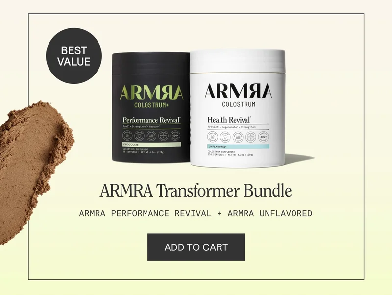 ARMRA Transformer Bundle featuring Performance Revival and Unflavored jars, ‘Best Value’ badge, and ‘Add to Cart’ button.