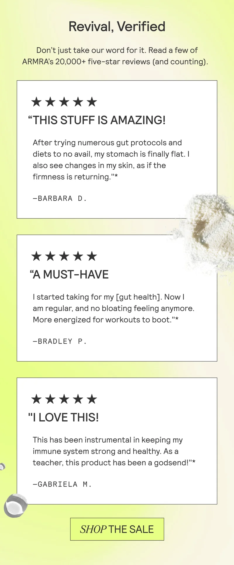Revival, Verified section with three five-star customer review cards and ‘Shop the Sale’ button.