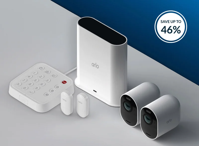 Get up to 46% off. Arlo Ultra 2 Wireless Security Cameras and a Smart Hub next to an Arlo Home Security System with 2 All-in-One Sensors.