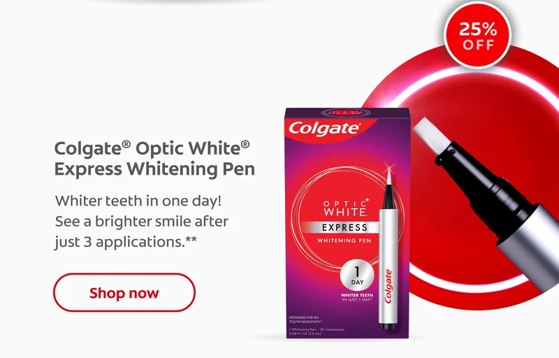 25% off Colgate® Optic White® Express Whitening Pen Whiter teeth in one day! See a brighter smile after just 3 applications.** click here to shop now