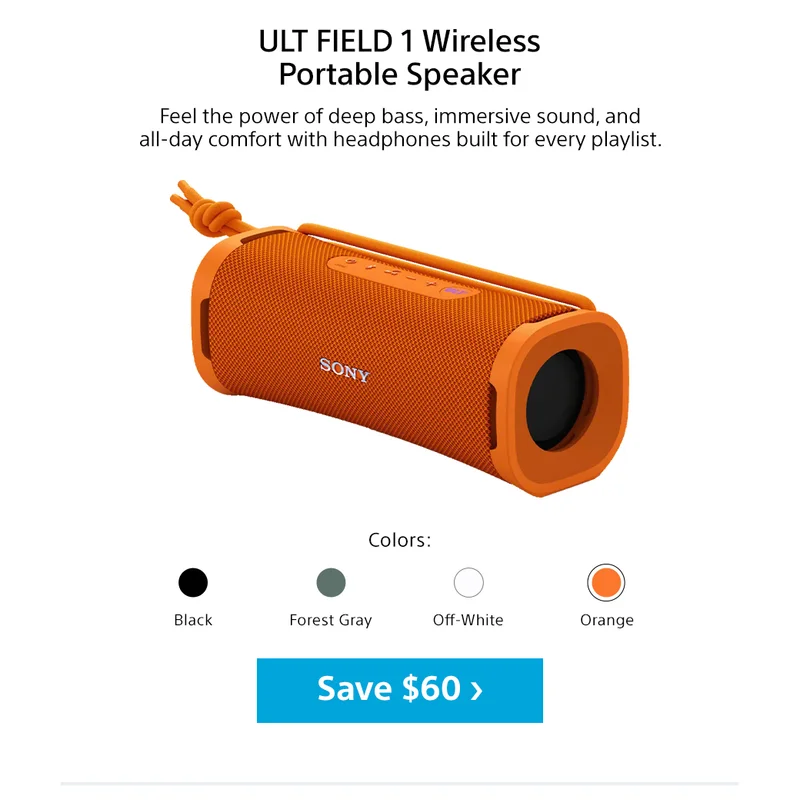 ULT Field 1 Wireless Portable Speaker | Feel the power of deep bass, immersive sound, and all-day comfort with headphones built for every playlist. Colors: Black, Forest Gray, Off-White, Orange | Save $60