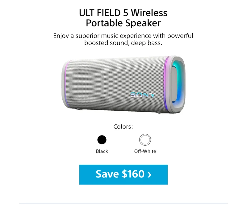 ULT Field 5 Wireless Portable Speaker | Enjoy a superior music experience with powerful boosted sound, deep base. Colors: Black, Off-White | Save $160