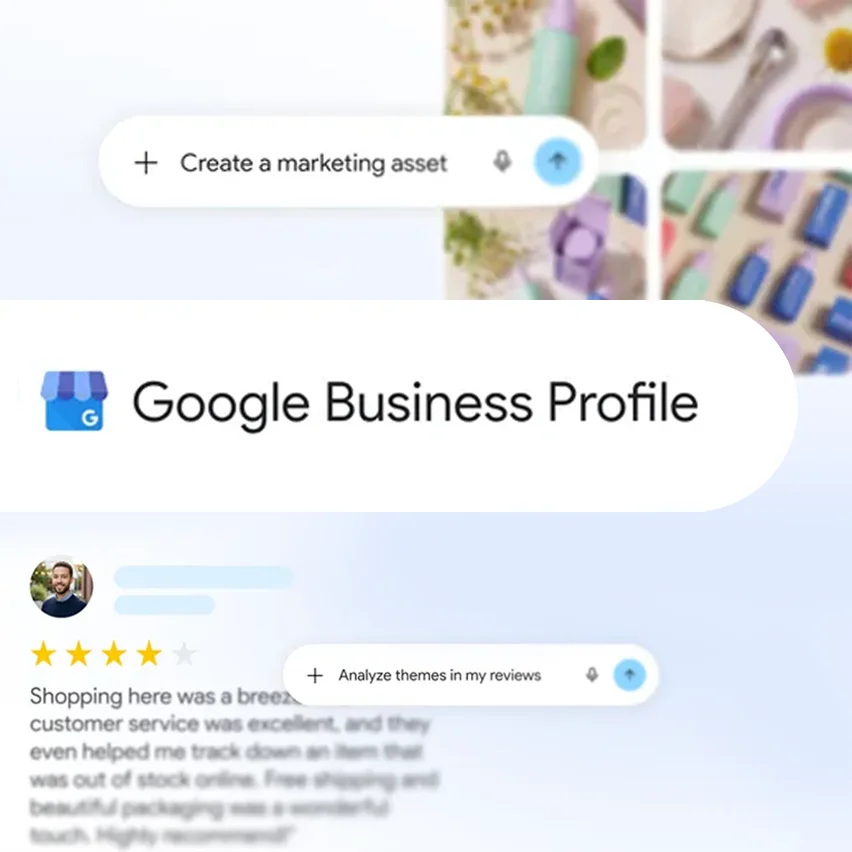 Google Business Profile logo between AI prompts for creating marketing assets and analyzing reviews.