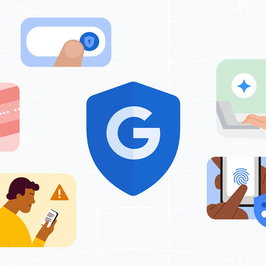 Google shield logo surrounded by digital security icons.