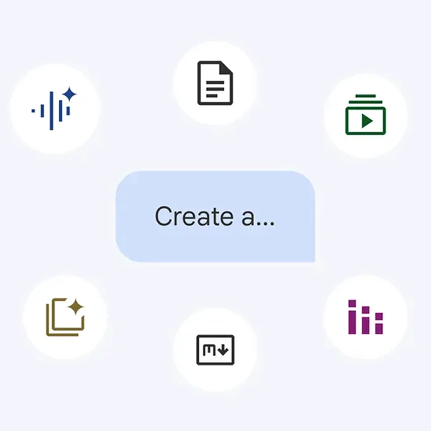 'Create a...' chat bubble surrounded by content creation icons.