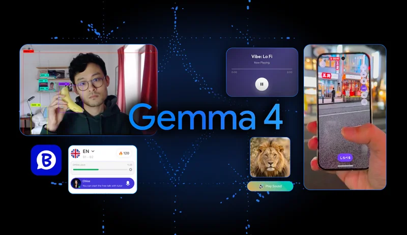 Gemma 4 logo surrounded by digital windows showcasing AI capabilities like object detection and language learning.