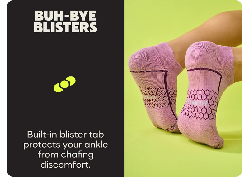 BUH-BYE BLISTERS | Built-in blister tab protects your ankle from chafing discomfort.