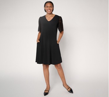 Susan Graver Regular Liquid Knit V-Neck A-Line Dress w/ Lace Sleeves