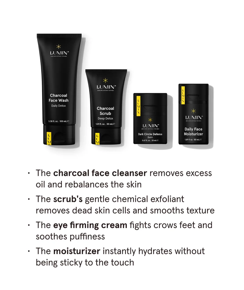 Charcoal Face Wash, Charcoal Scrub, Dark Circle Defense Balm, Daily Face Moisturizer