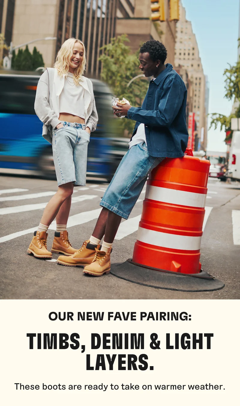 Our new fave pairing: Timbs, denim, & light layers.