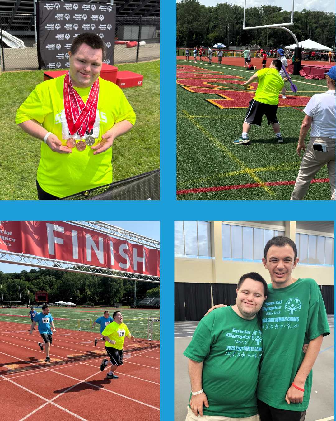 a collage of photos of John competing at the Special Olympic state games