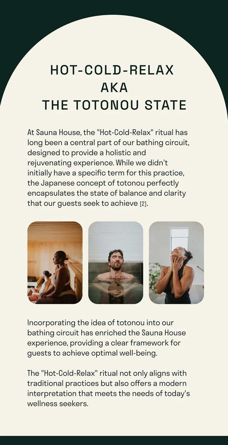 At Sauna House, the "Hot-Cold-Relax" ritual has long been a central part of our bathing circuit, designed to provide a holistic and rejuvenating experience. While we didn't initially have a specific term for this practice, the Japanese concept of&nbsp;totonou&nbsp;perfectly encapsulates the state of balance and clarity that our guests seek to achieve [2].