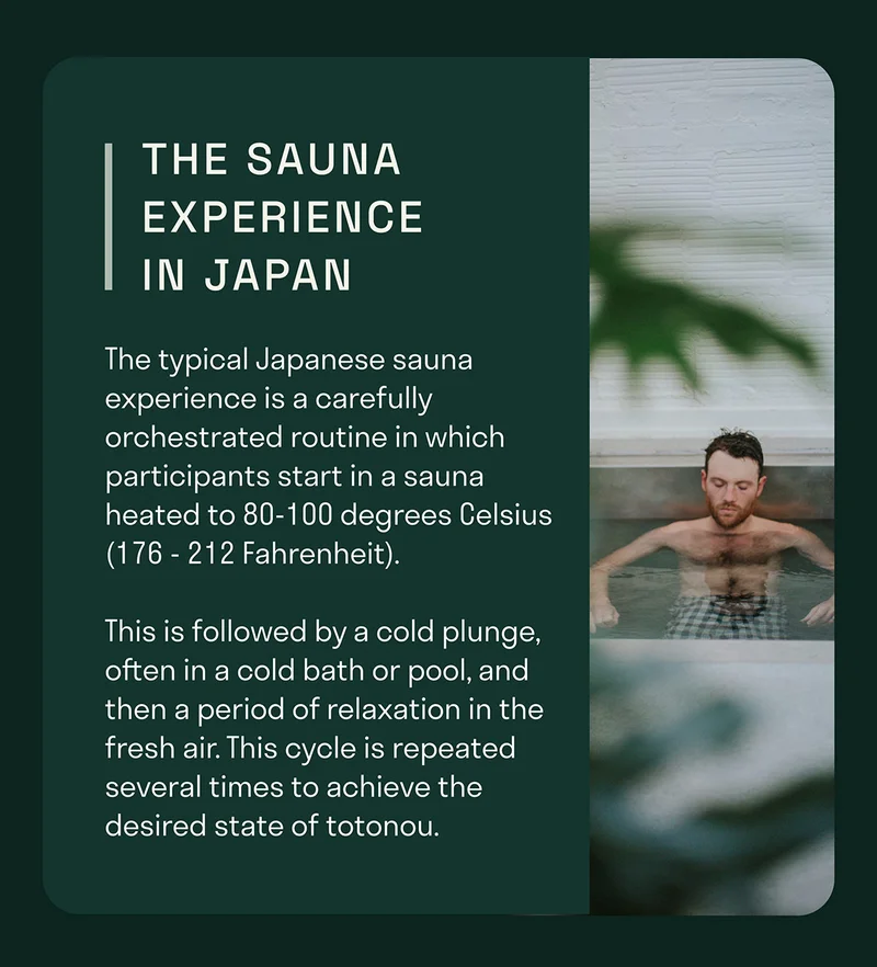 The typical Japanese sauna experience is a carefully orchestrated routine in which participants start in a sauna heated to 80-100 degrees Celsius (176 - 212 Fahrenheit).   This is followed by a cold plunge, often in a cold bath or pool, and then a period of relaxation in the fresh air. This cycle is repeated several times to achieve the desired state of&nbsp;totonou.