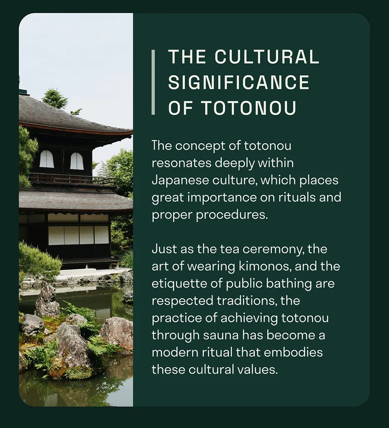 The concept of totonou resonates deeply within Japanese culture, which places great importance on rituals and proper procedures.   Just as the tea ceremony, the  art of wearing kimonos, and the etiquette of public bathing are respected traditions, the practice of achieving totonou through sauna has become a modern ritual that embodies these cultural values.
