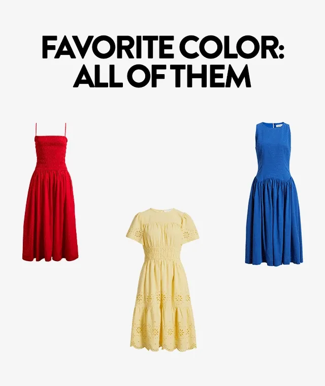 Red, yellow, blue, white, black and floral summer dresses.