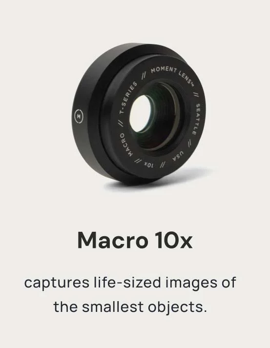 Image of a Moment Lens that reads "Macro 10x Captures life-sized images of the smallest objects.